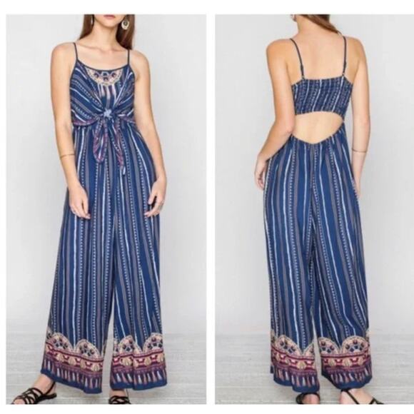 Flying Tomato Jumpsuit Womens X Small Blue Striped Boho Open Back Wide Leg - Picture 1 of 10